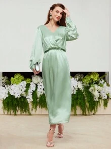 MOTF PREMIUM 絲燈籠袖扣帶連衣裙 - 綠色 - 查看 8