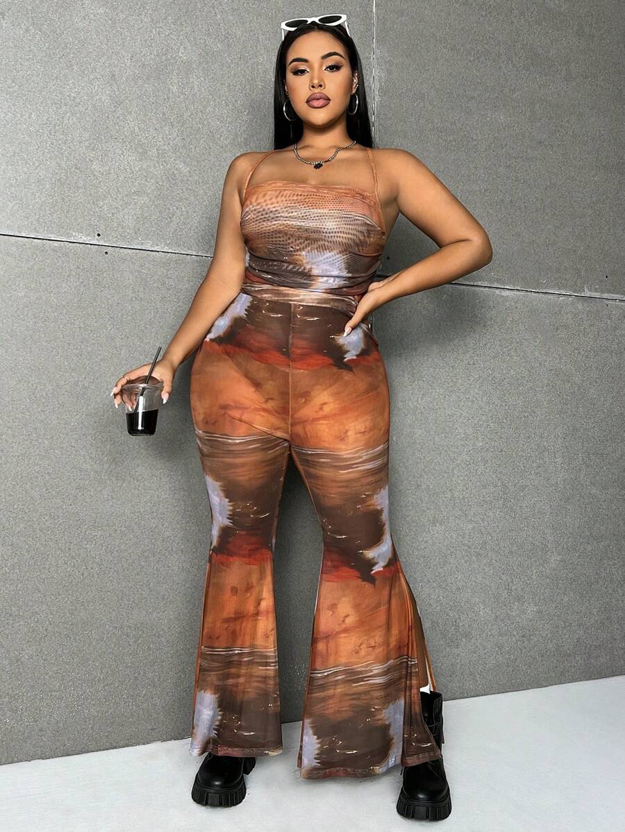 Flirla Plus Size Ombre Halter Neck Flare Pants Jumpsuit - Brown - View 1