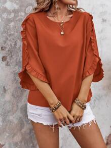 EMERY ROSE Women's Casual Christmas And New Year Solid Color Round-Neck Shirt With Ruffle Details, Casual Ruffle Three-Quarter Sleeves, Round Neck, Loose Regular Fit, In Mahogany Color, Suitable For Everyday Wear In Spring And Autumn, Commuting, And Elegant Parties. - Redwood - View 6