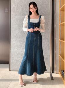 DAZY 水手裙襬釦扣半開口丹寧裙 - 藍色 - 查看 2
