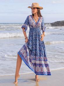 Rusttydustty Woman Blue Floral Print Cross V Neck Flare Sleeve Extra Long Dress Boho Coachella Music Festival Beach Outfits Beach Outfits Tropical Vacation Easter