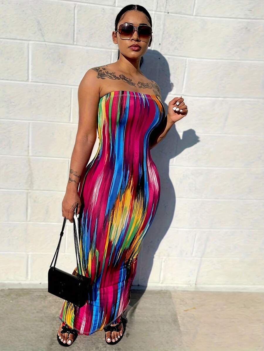 Striped Print Slit Bodycon Tube Dress - Hot Pink - View 1