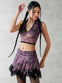 Forever 21 印花拼接蕾絲騎士背心上衣和裙子 - 棕色 - 查看 4