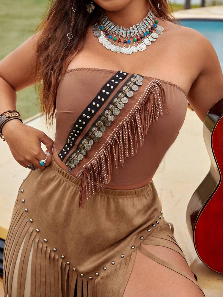 Plus Size Tube Top With Tassels, Braided Straps And Multiple Accessories