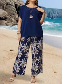 EMERY ROSE 大码纯色圆领短袖上衣和花卉印花阔腿裤，夏季 - 藏蓝色 - 查看 1