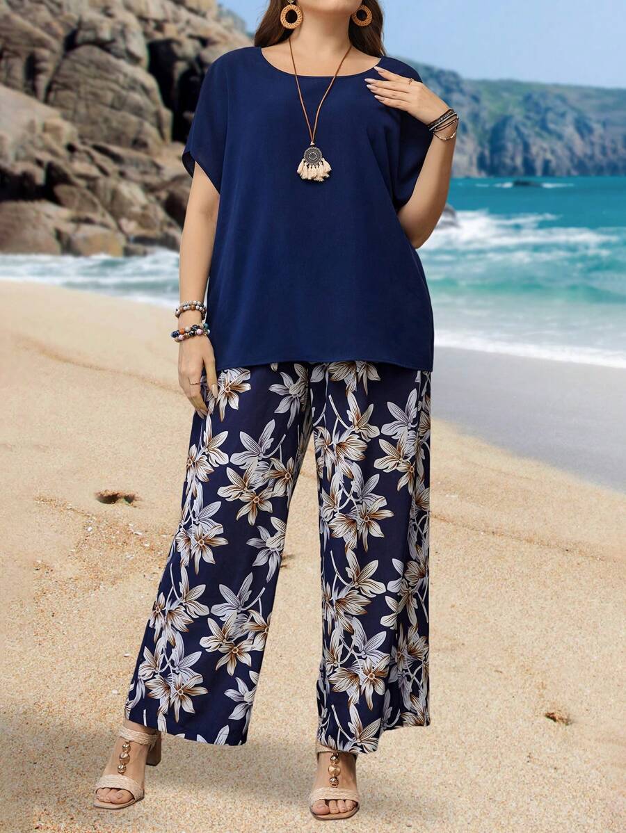 EMERY ROSE 大码纯色圆领短袖上衣和花卉印花阔腿裤，夏季 - 藏蓝色 - 查看 1