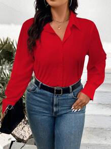 EMERY ROSE Camisa de manga larga de broche único para mujer de talla grande, ropa de Año Nuevo - Rojo - Ver 7