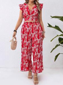 SHEIN Clasi Plus Size Floral Printed V-Neck Ruffle Trim Top And Loose Wide Leg Pants For New Year Clothes - Red - View 5