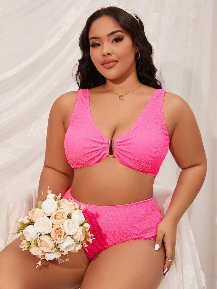 Summer Plus Size Texture V-Neck Two-Piece Bikini Set