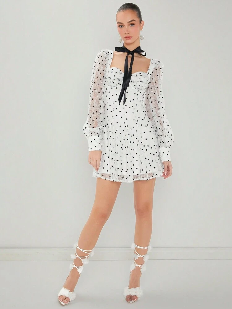 Women's Polka Dot Lace White Graduation Spring Summer Dress With Sweetheart Neckline And Lantern Sleeves