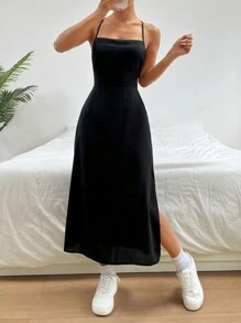 SHEIN EZwear Vestido Cami Con Dobladillo Dividido Y Color Sólido - Negro - Ver 4