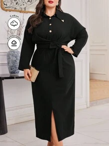 Modelyn Plus Size Women's Waist-Cinched Shirt Dress Long Evening Dresses - Black - View 1