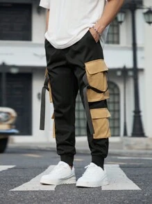 Manfinity Roghcode Men's Contrasting Colors Cargo Pants With Pockets And Elastic Cuffs - Black - View 6