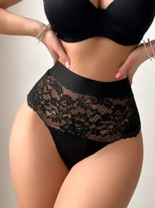 高腰撞色蕾丝性感丁字裤高腰内裤高腰三角裤高腰三角裤黑色三角裤 - 黑色 - 查看 4
