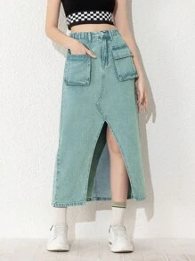 少女新款休閒時尚水洗牛仔工具裙 - 中等水洗藍 - 查看 6