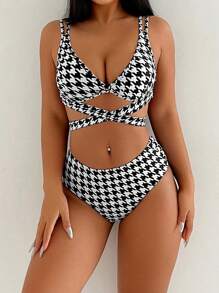 SHEIN Swim 千鸟格印花两件套比基尼套装 夏日海滩 - 黑與白 - 查看 4