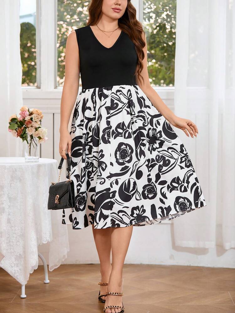 Plus Size Flower Patchwork Print V-Neck Sleeveless Dress