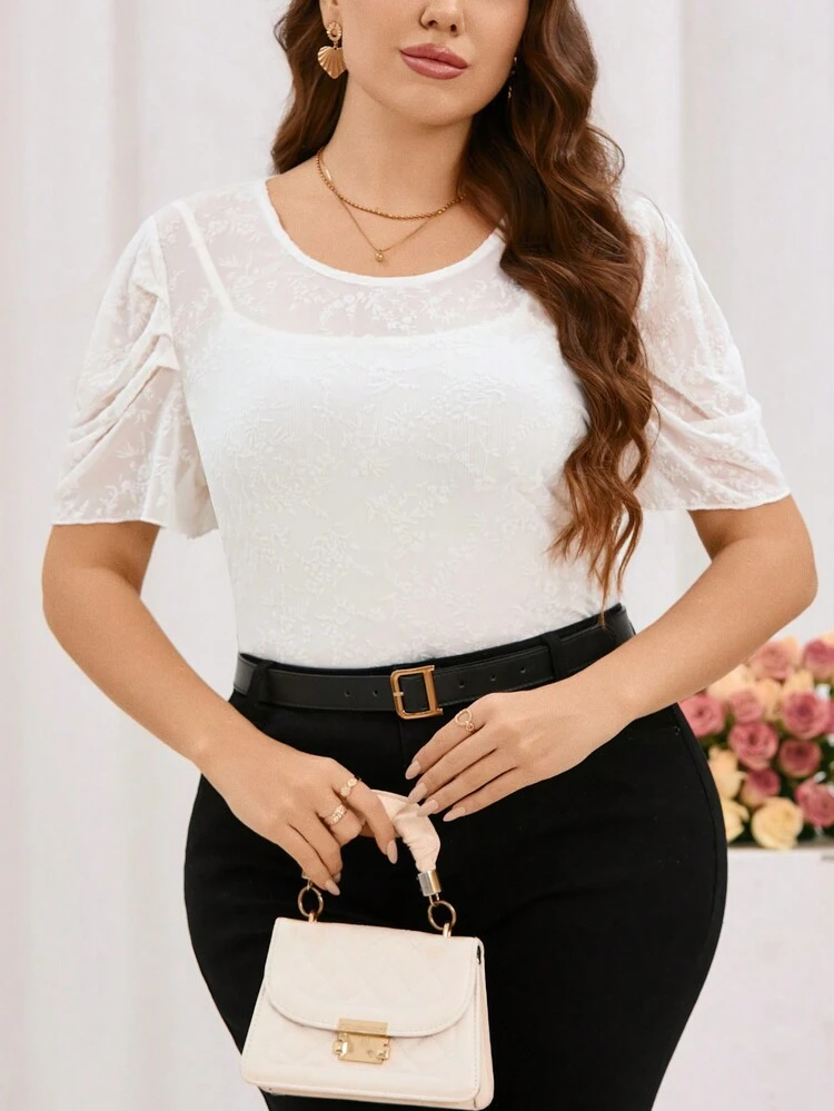 Wedding Jie Plus Size Solid Color Jacquard Puff Sleeve Top