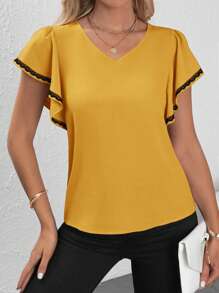 SHEIN Clasi Women's Contrast Color Lace Floral & Ruffle Hem Blouse,Short Sleeve Tops - Yellow - View 6