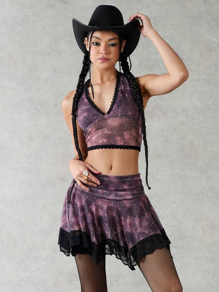 Printed Splicing Lace Halter Tank Top And Skirt