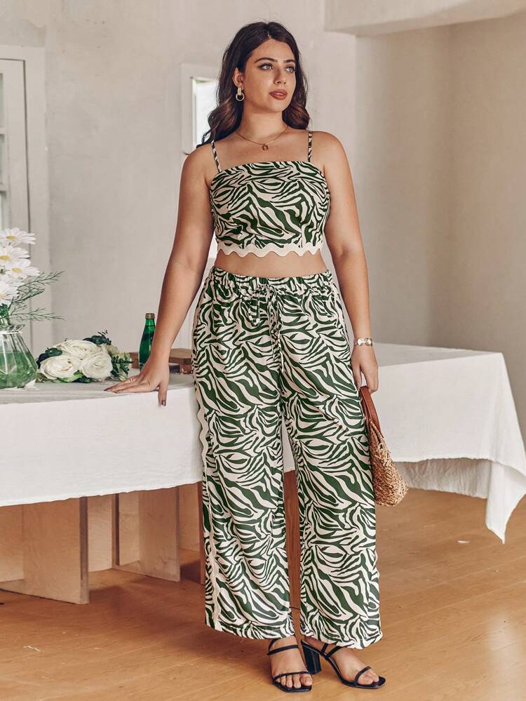 Plus Size Full Print Crop Cami Top & Wide Leg Pants Set