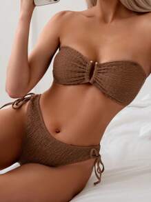 Swim Mod Conjunto de bikini de dos piezas de unicolor sin tirantes para mujer, conjunto de bikini bandeau con tiras, traje de baño, atuendo para playa, festival de música de verano, playa de verano