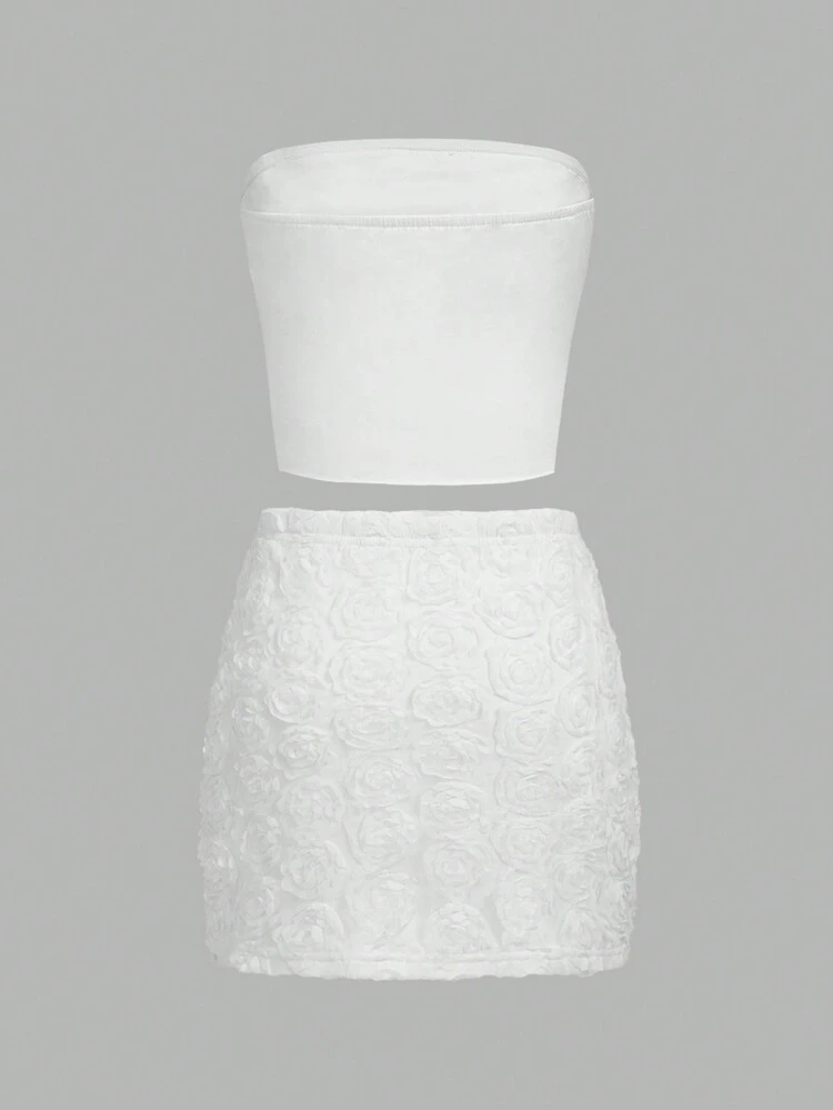 Floral Applique Tube Top And Skirt Set