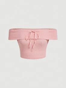 SHEIN MOD Blusa Corta Rosa Para La Mujer, Con Dobladillo Y Hombros Descubiertos - Rosa - Ver 1