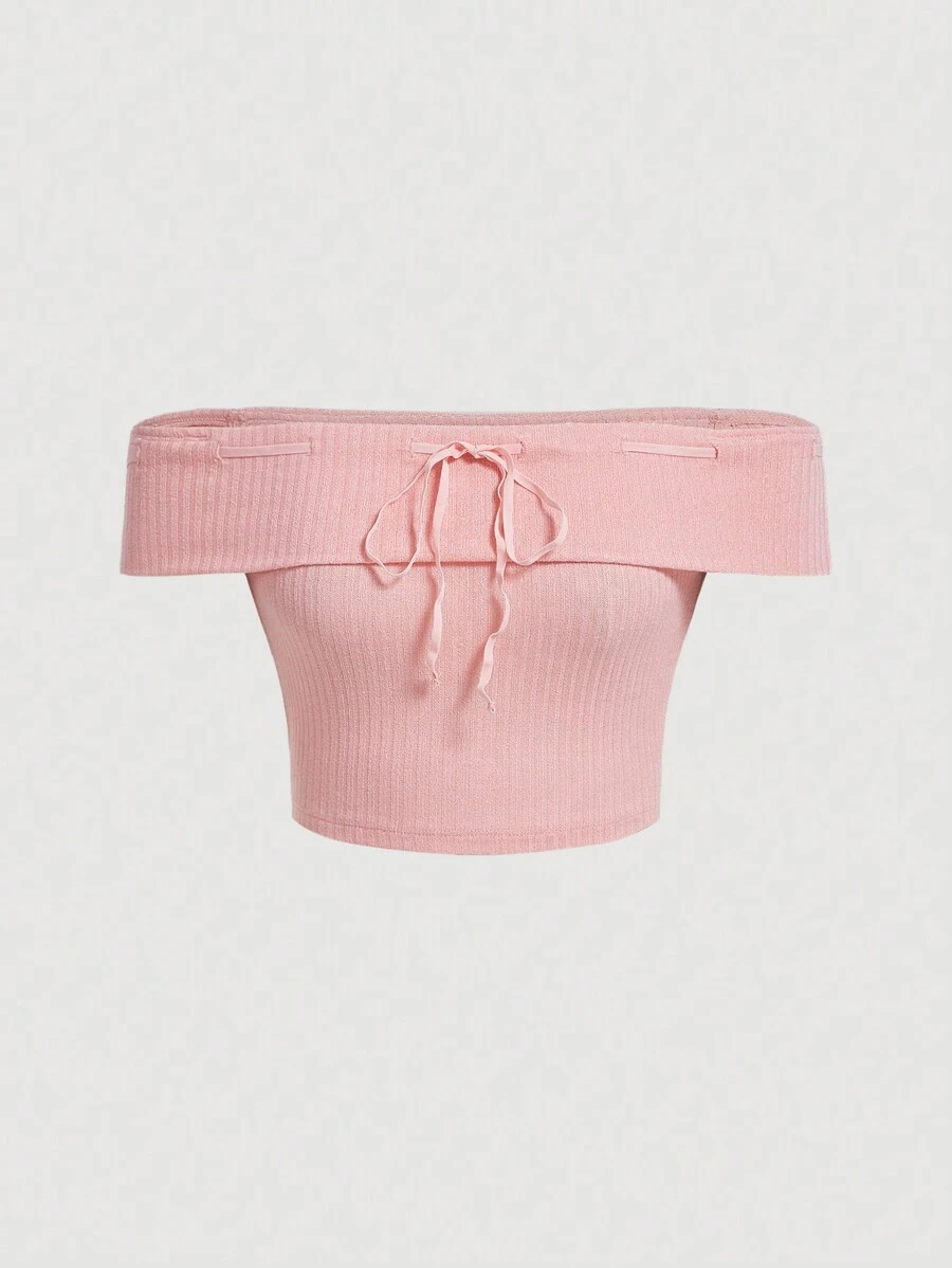 SHEIN MOD Blusa Corta Rosa Para La Mujer, Con Dobladillo Y Hombros Descubiertos - Rosa - Ver 1