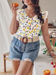 Flirla Kích thước lớn Của phụ nữ Cổ chữ V Viền ren Ngắn tay In hoa Áo Với - Nhiều màu - Xem 4