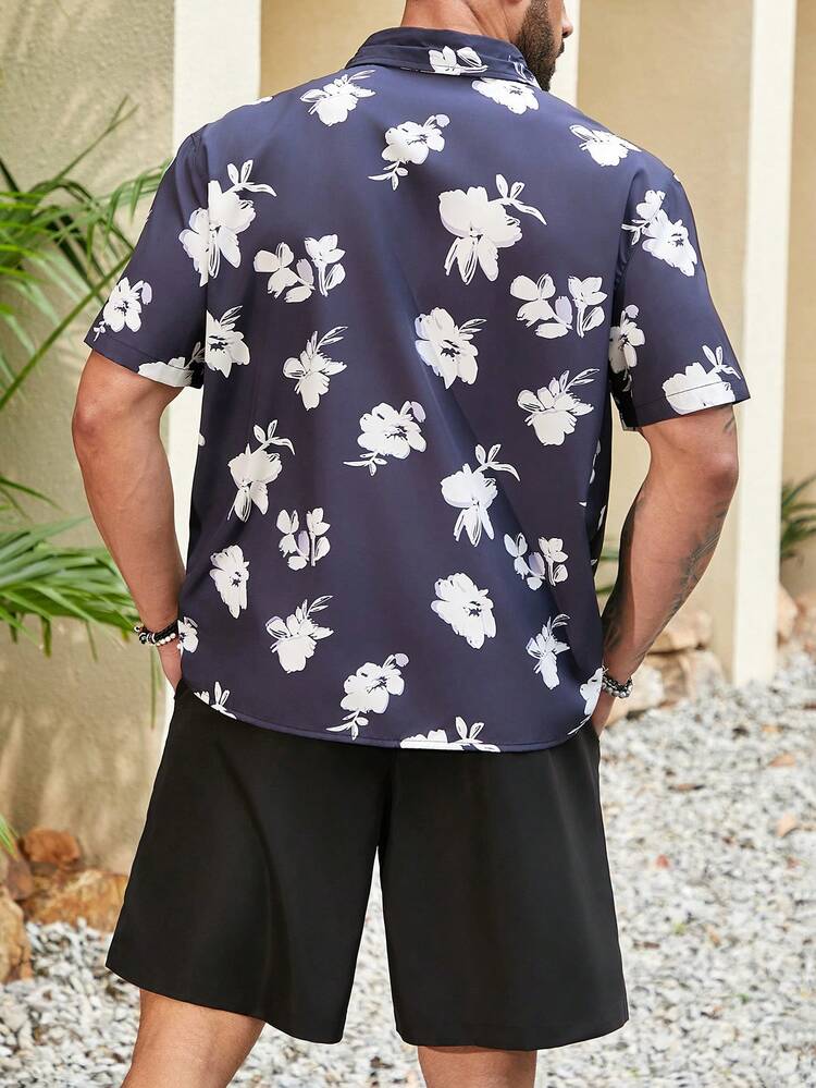 Men's Plus Size Floral Print Shirt And Solid Color Shorts Set