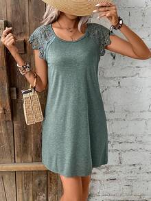 SHEIN Frenchy Vá lại Ren Trang trí Sheath Đầm Với Tròn Đường viền cổ áo - màu xanh lá - Xem 3
