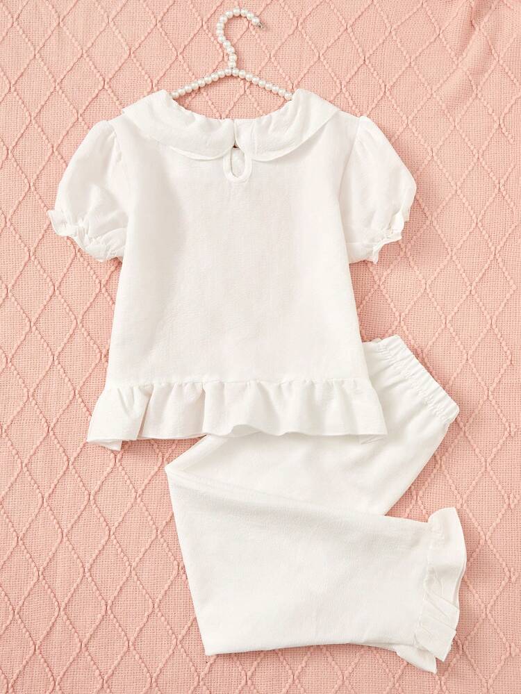 Teen Girl White Simple Solid Color Ruffle Trim Pajama Set With Top And Pants