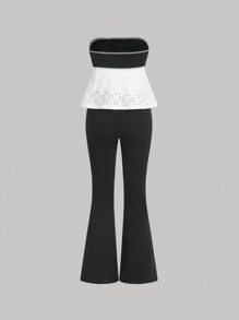 SHEIN Qutie Black & White Color Block Bandeau Top And Black Flared Pants Set - Black and White - View 2
