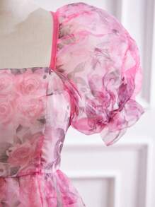SHEIN Váy in hoa tay bèo organza thanh lịch dành cho bé gái tuổi teen, thích hợp cho kỳ nghỉ, biểu diễn, đám cưới, tiệc tùng, mọi mùa - Hồng - Xem 3