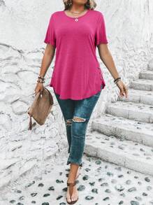 SHEIN Clasi Camiseta De Talla Grande Con Dobladillo Curvo, Botones Decorativos Y De Color Sólido