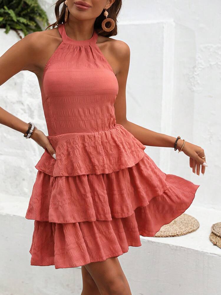 Solid Color Halter Neck Backless Jumpsuit With Ruffle Hem