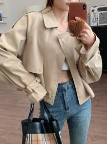 DAZY Women's Shoulder Buckle Short Trench Coat Jacket - Khaki - View 3