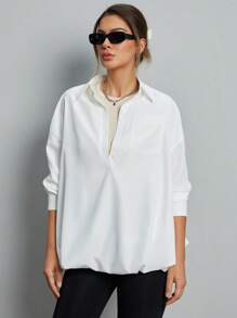 SHEIN Essnce Camisa Larga Con Dobladillo Floral Para Mujer - Blanco - Ver 4