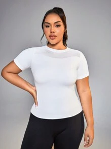 SHEIN Sports Plus Size Solid Color Breathable Comfortable Short Sleeve Sports T-Shirt - White - View 3