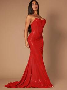 SHEIN SXY Prom Dress;Sparkly Strapless Mermaid Hem Bodycon Dress With Waist Cincher Detail - Red - View 4