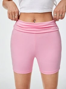 SHEIN Qutie Của phụ nữ Màu hồng Gấp lại Dây thắt lưng Cơ bản Quần short - Hồng - Xem 6