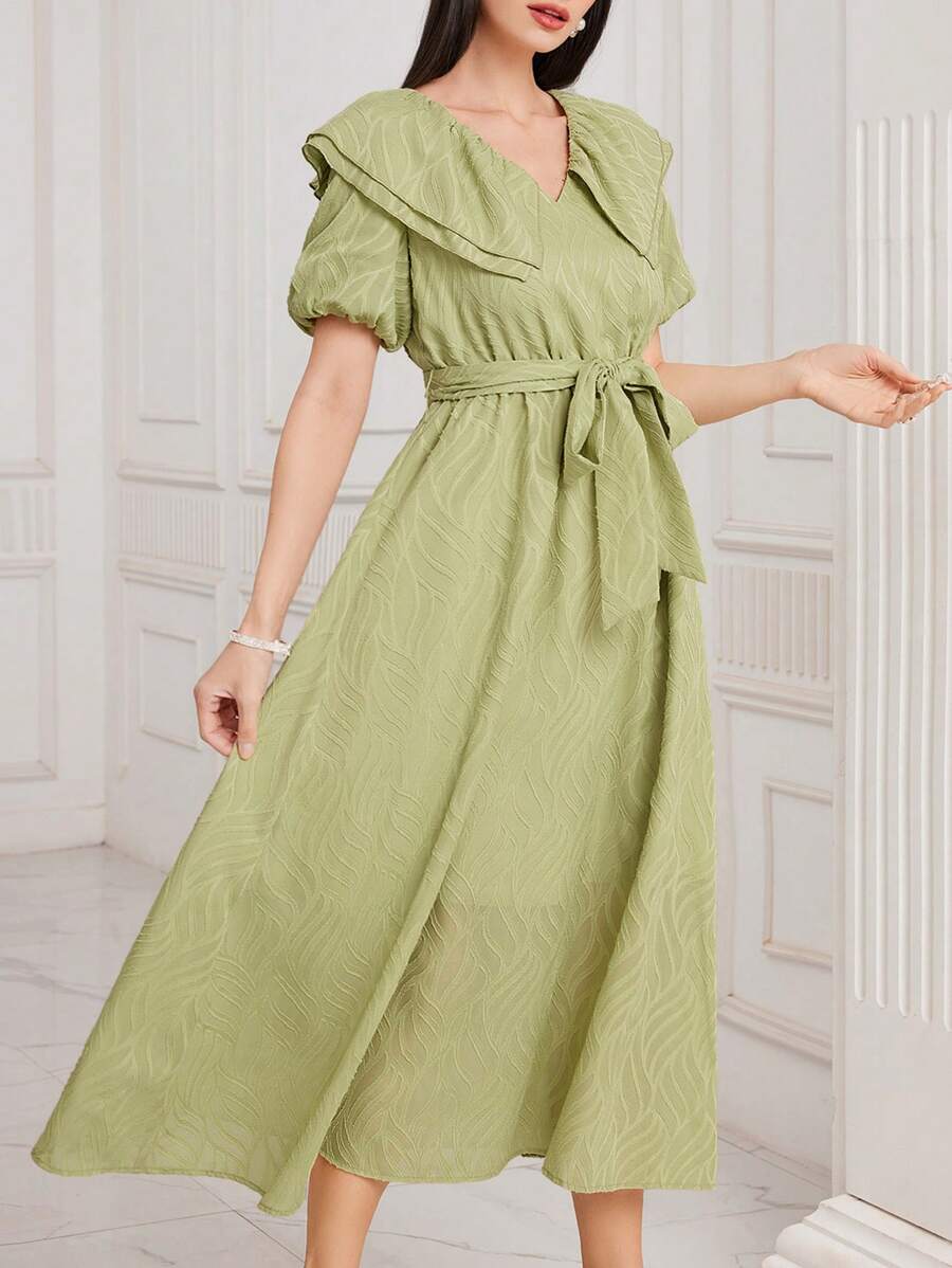 Modelyn 女用紋理燈籠袖連身裙 - 橄欖綠 - 查看 1