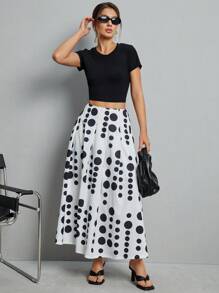 SHEIN Essnce Summer High Waist Polka Dot Printed A-Line Midi Skirt For Summer #Easter - Black and White - View 4
