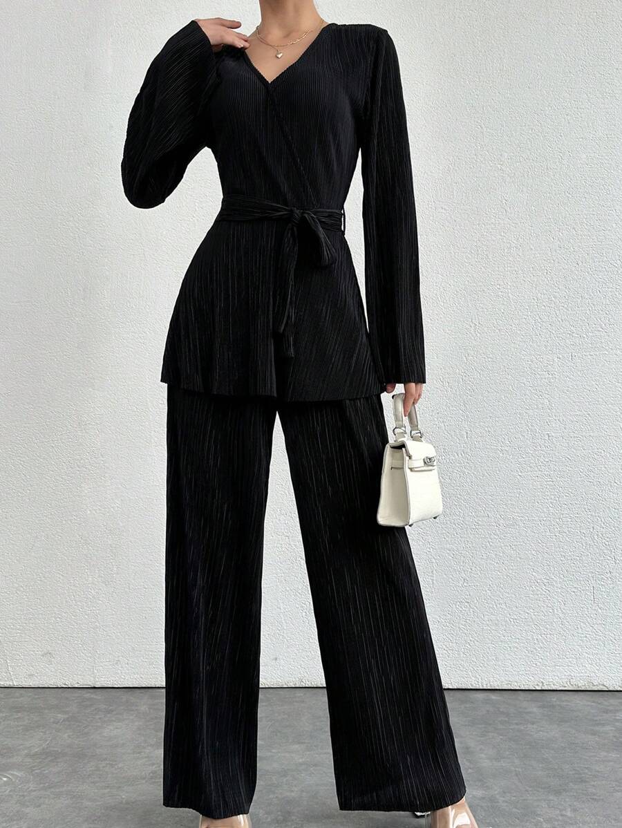 SHEIN PETITE Solid Cross Belted Top & Wide Leg Pants - Black - View 1