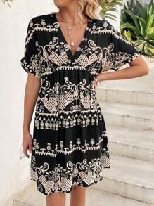 SHEIN LUNE Vestido de muñeca asimétrico estampado bohemio para mujeres, vacaciones de verano - Negro - Ver 5