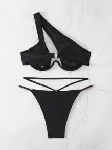 Swim SXY Summer Beach Women's Solid Color Hollow Out Chain Decor Bikini Set - Black - View 4