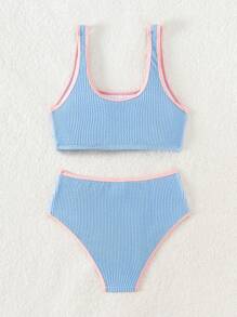 SHEIN Tween Girl's Bikini Set With Textured Wavy Pattern And Color Block, Edging Decor, Bathing Suit Beach Outfit Summer Vacation Summer Beach - Baby Blue - View 2