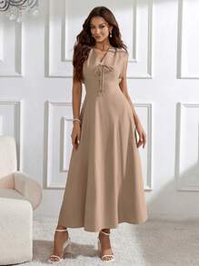 Modelyn Vestido largo sin mangas con cordones de encaje para mujer, vestido de noche - Caqui - Ver 6