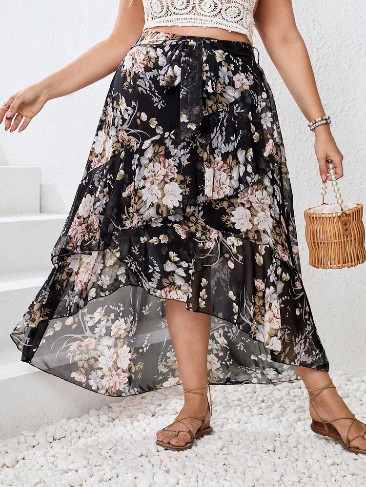 Plus Size Women's Romantic Black Chiffon Floral Printed Layered Beach Skirt With Ruffle Hem For Summer Vacation